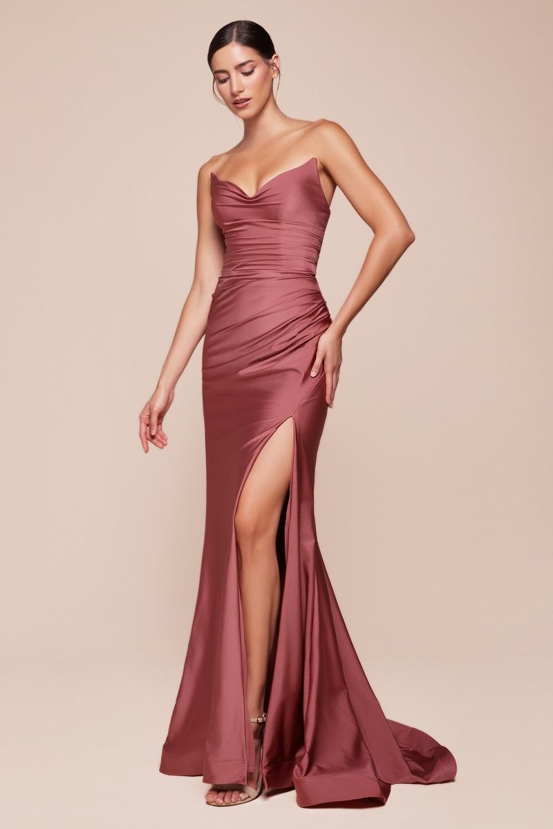 STRAPLESS STRETCH SATIN FITTED GOWN CDCD791