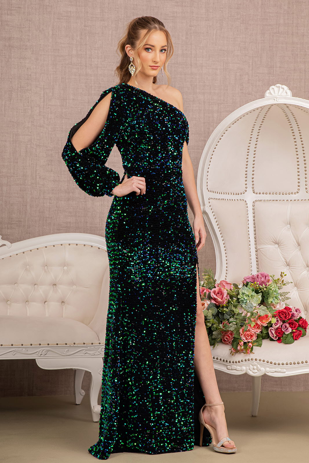 Sequin Asymmetric Velvet Festive Mermaid Gown w/ One Long Puff Sleeve  GLGL3159