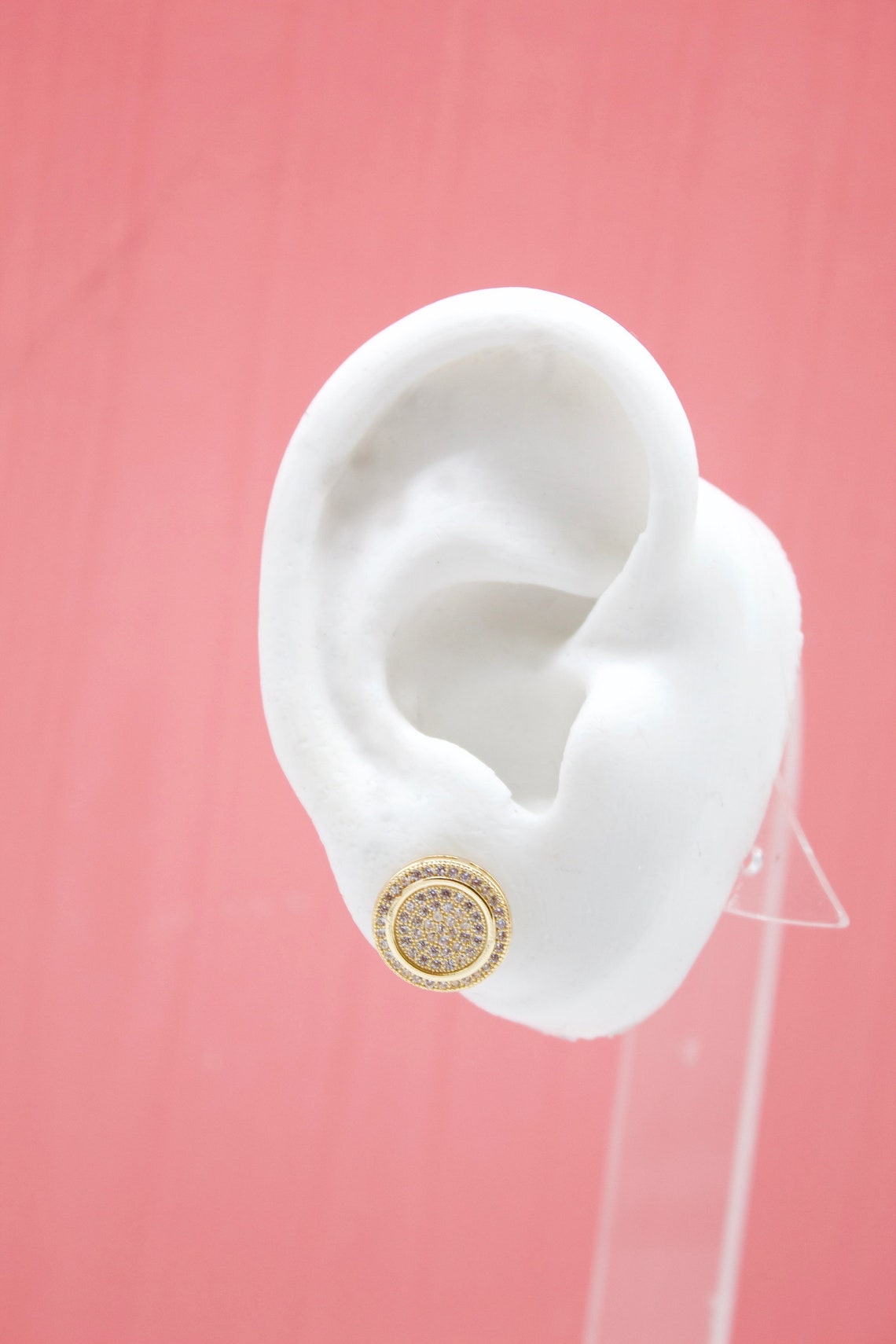 18K Gold Filled CZ Stones Coin Circle Stud Earrings (L117)