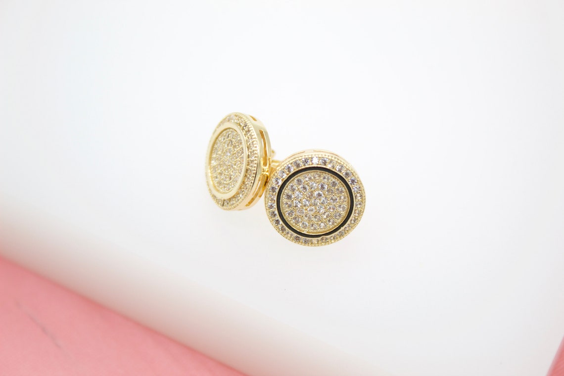 18K Gold Filled CZ Stones Coin Circle Stud Earrings (L117)