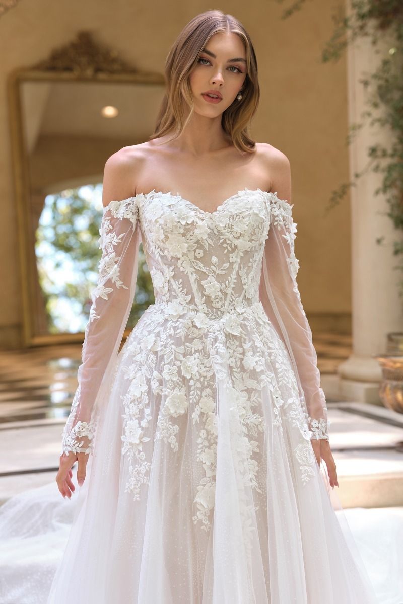 Floral Applique Embellished Tulle Wedding Gown w/ Sheer Long Sleeves CDWL067