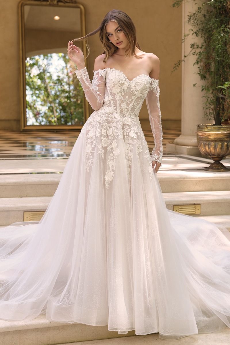 Floral Applique Embellished Tulle Wedding Gown w/ Sheer Long Sleeves CDWL067