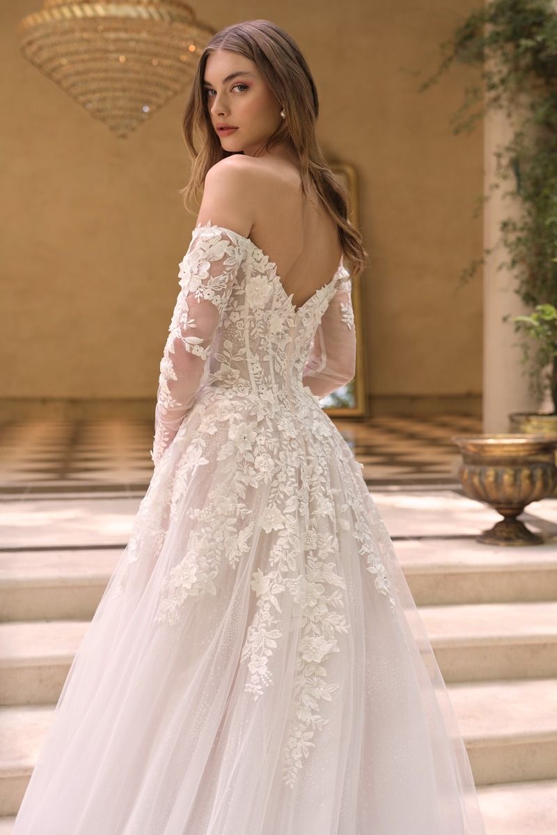Floral Applique Embellished Tulle Wedding Gown w/ Sheer Long Sleeves CDWL067