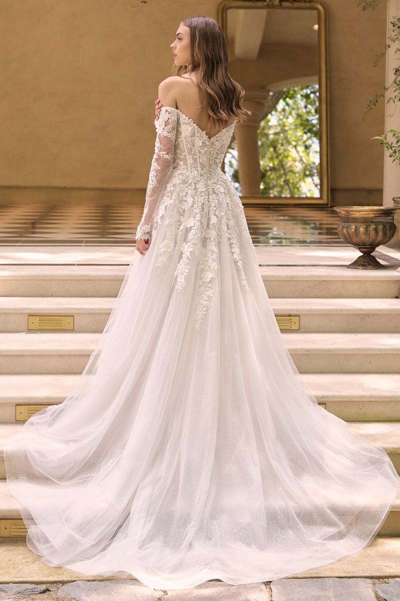Floral Applique Embellished Tulle Wedding Gown w/ Sheer Long Sleeves CDWL067